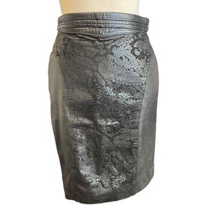 Vintage Black Leather High Rise Embossed Fitted Pencil Skirt Women's 12
